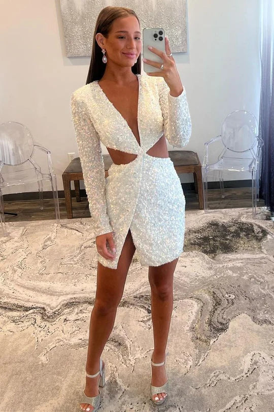 Vestido de cóctel con escote en V profundo y lentejuelas para regreso a casa